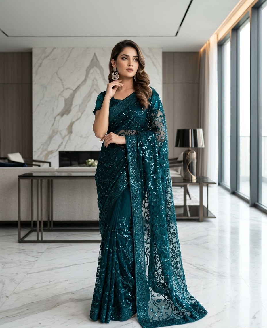 Premium Net Fabric  🌸 Heavy Net Embroidered Pallu 🌸 7 Gaz Complete Saree  🌸 Elegant Indian Style Design 🌸 Soft, Graceful & Party Wear Collection