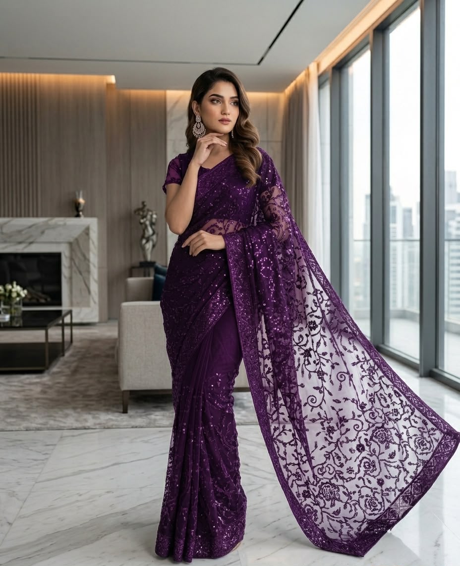 Premium Net Fabric  🌸 Heavy Net Embroidered Pallu 🌸 7 Gaz Complete Saree  🌸 Elegant Indian Style Design 🌸 Soft, Graceful & Party Wear Collection