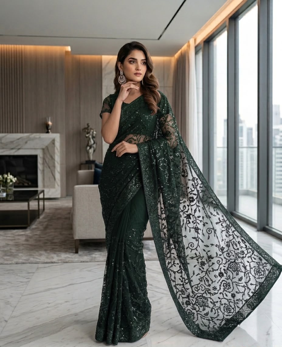 Premium Net Fabric  🌸 Heavy Net Embroidered Pallu 🌸 7 Gaz Complete Saree  🌸 Elegant Indian Style Design 🌸 Soft, Graceful & Party Wear Collection